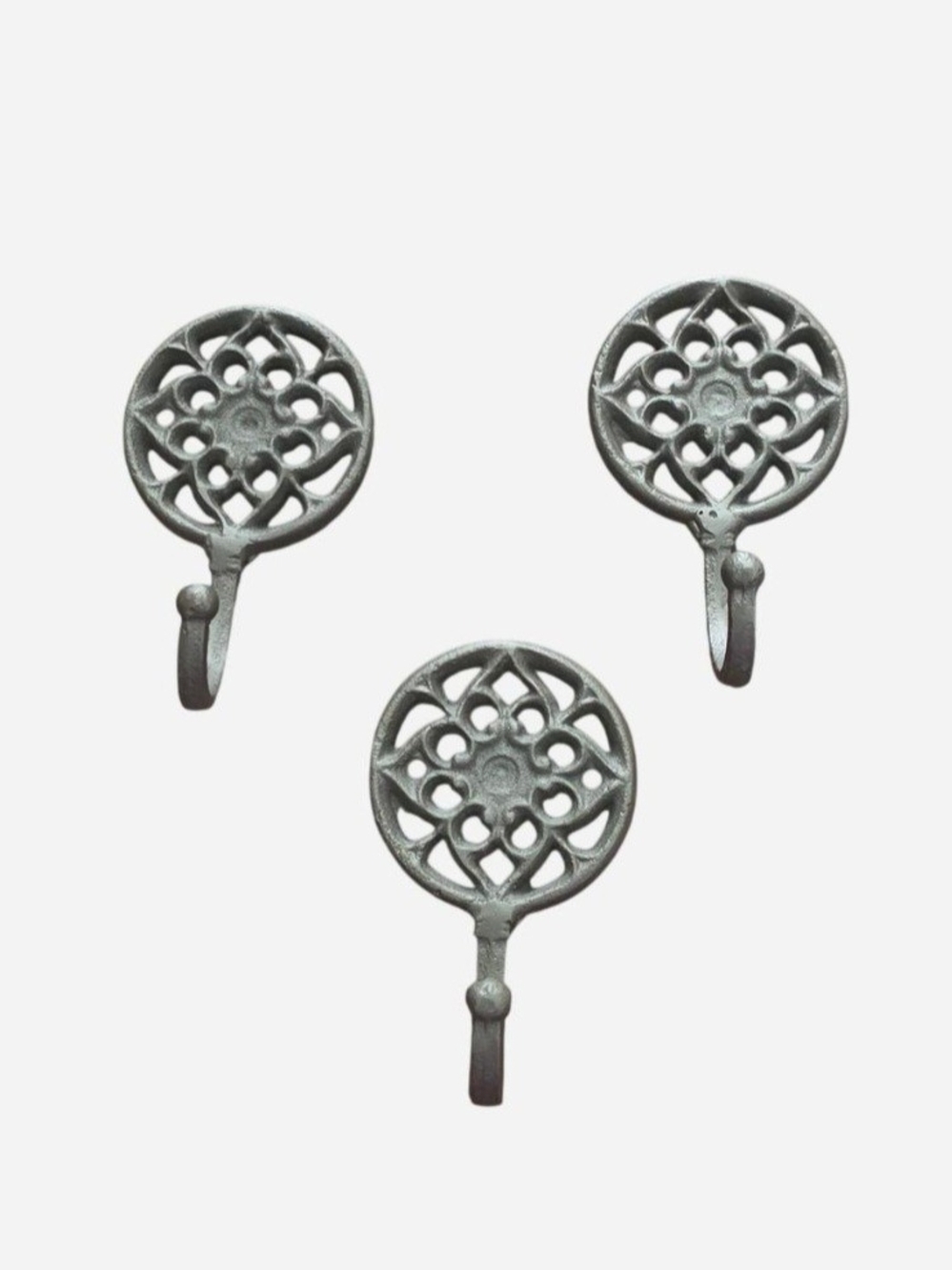 Vintage Wall Hooks Set of 3 Gray Cast Iron Decorative Floral